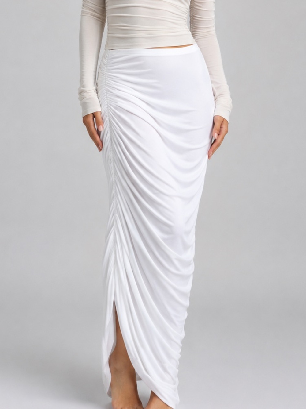 🆕🥥 Norma Kamali White Ruched Side Drape Maxi Skirt NWOT XL High Slit Stretch